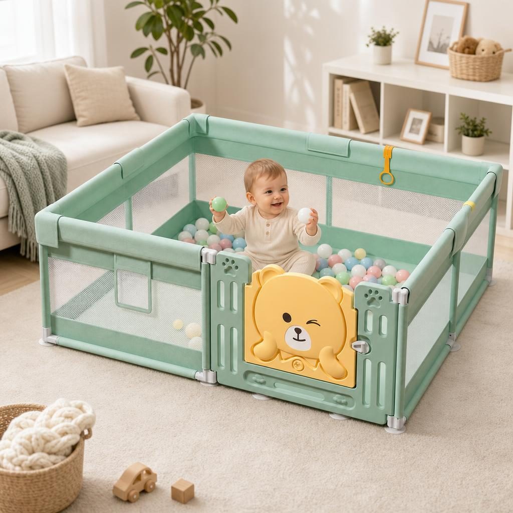Tarc de Joaca pentru Bebelusi cu Poarta de Siguranta, , DNT-147, 180 x 150 x 65 cm, pana la 3 ani, Spatiu de Joaca pentru Interior/Exterior, Portabil pentru Curte, Plasa Respirabila, ABS Poiester, Verde 3