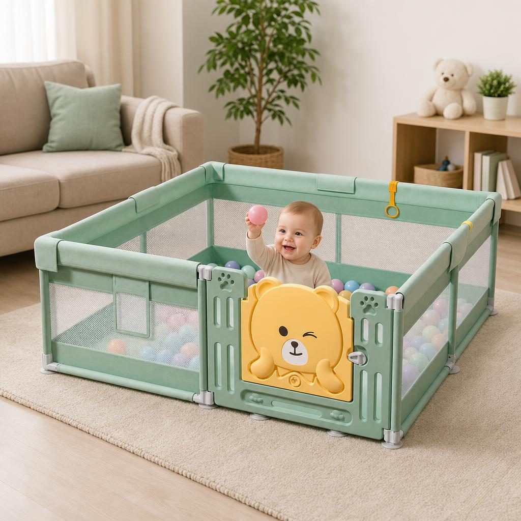 Tarc de Joaca pentru Bebelusi cu Poarta de Siguranta, , DNT-147, 200 x 180 x 65 cm, pana la 3 ani, Spatiu de Joaca pentru Interior/Exterior, Portabil pentru Curte, Plasa Respirabila, ABS Poiester, Verde 2