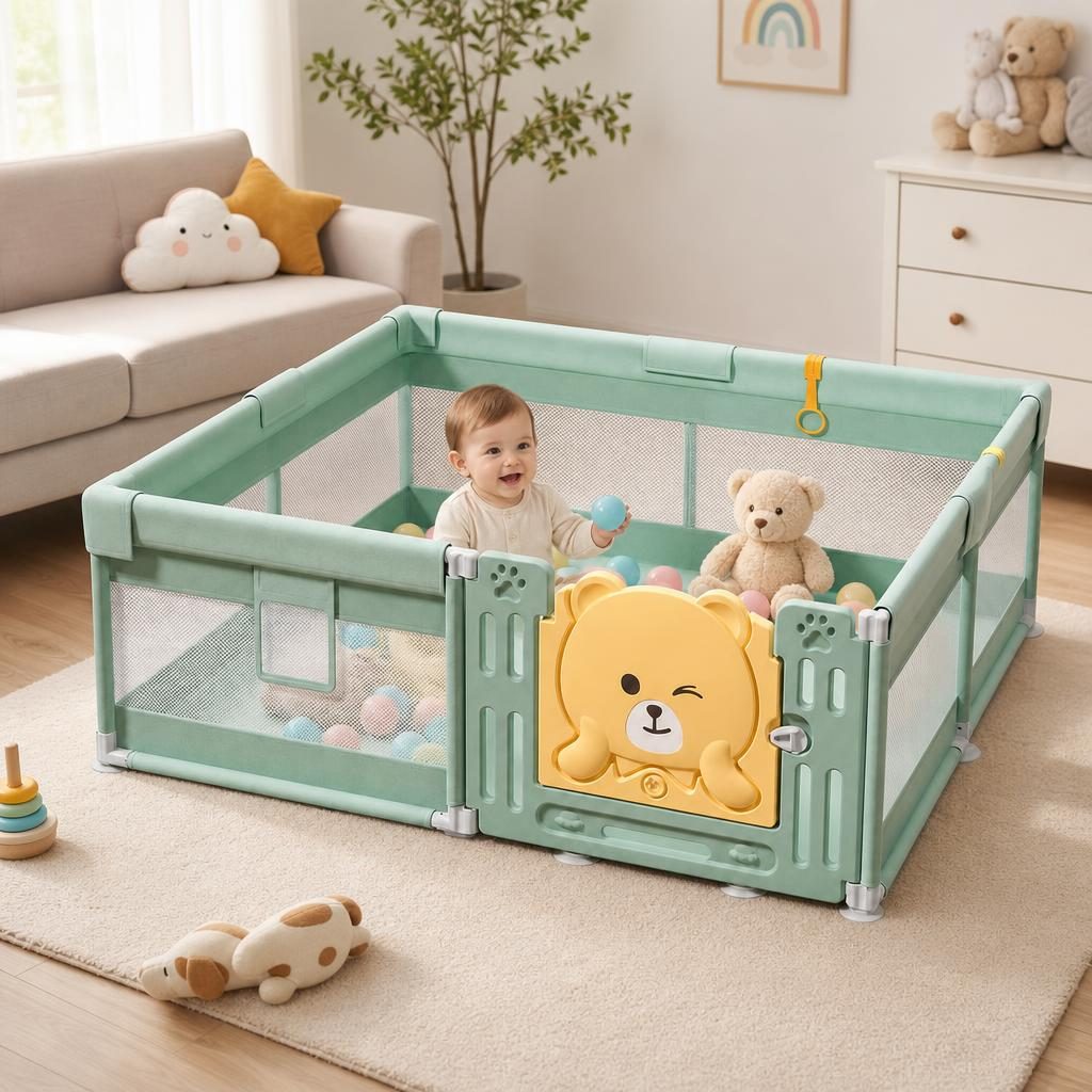 Tarc de Joaca pentru Bebelusi cu Poarta de Siguranta, , DNT-147, 200 x 180 x 65 cm, pana la 3 ani, Spatiu de Joaca pentru Interior/Exterior, Portabil pentru Curte, Plasa Respirabila, ABS Poiester, Verde 3