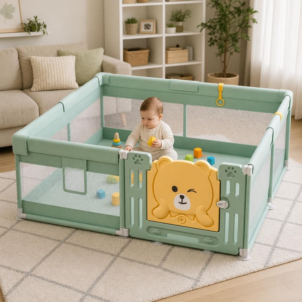 Tarc de Joaca pentru Bebelusi cu Poarta de Siguranta, , DNT-147, 200 x 180 x 65 cm, pana la 3 ani, Spatiu de Joaca pentru Interior/Exterior, Portabil pentru Curte, Plasa Respirabila, ABS Poiester, Verde 4