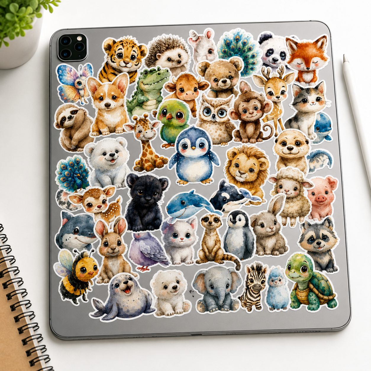 Set 50 Stickere Decorative, , Modele Animale Cartoon in Stil Acuarela, Impermeabile, Aproximativ 5.27 x 5.43 cm, Multicolor 4