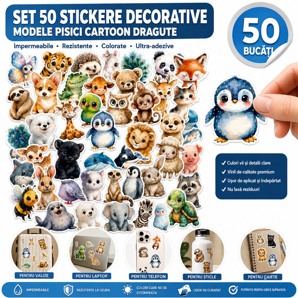 Set 50 Stickere Decorative, , Modele Animale Cartoon in Stil Acuarela, Impermeabile, Aproximativ 5.27 x 5.43 cm, Multicolor 2