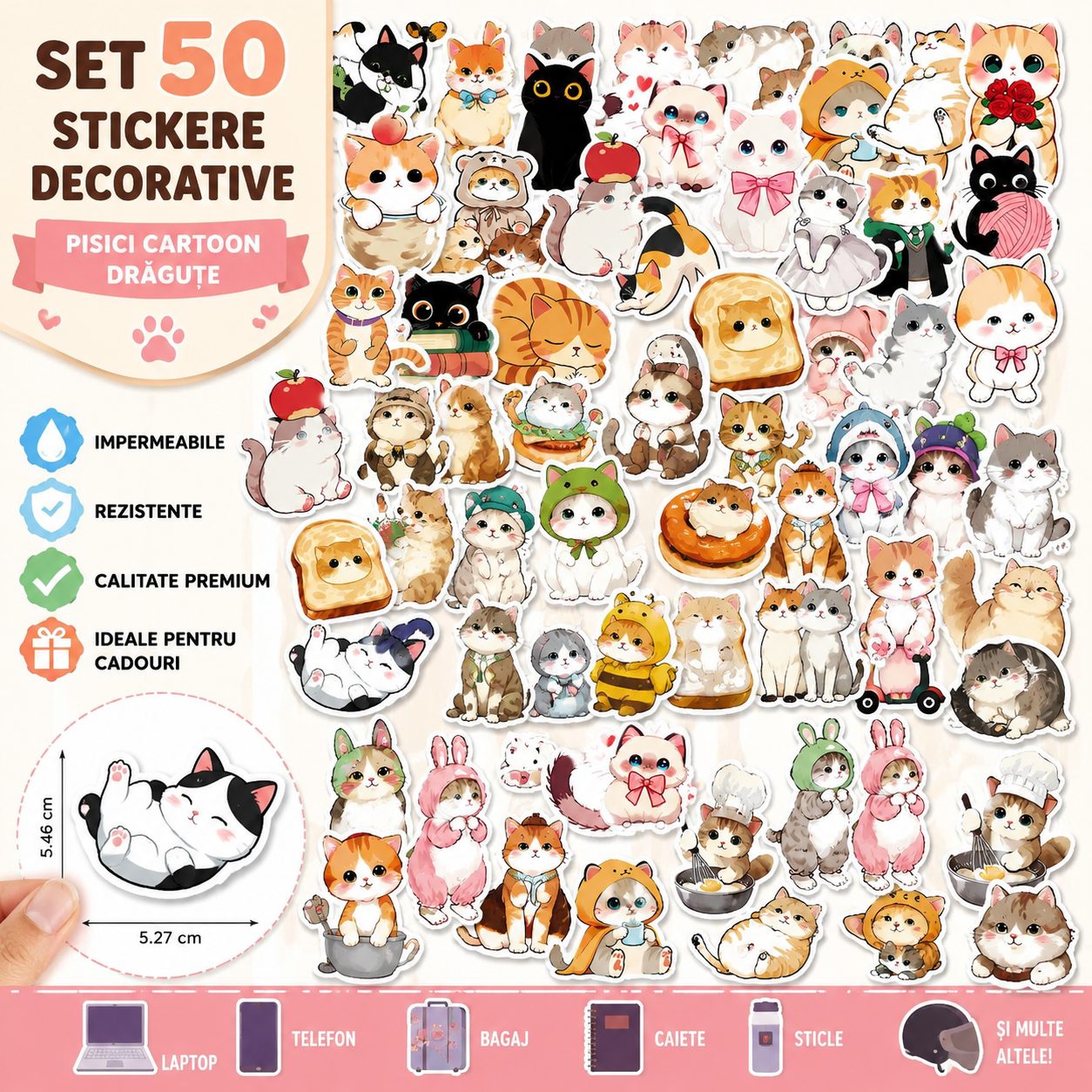 Set 50 Stickere Decorative, , Modele Pisici Cartoon Dragute, Impermeabile, Aproximativ 5.27 x 5.46 cm, Multicolor 2