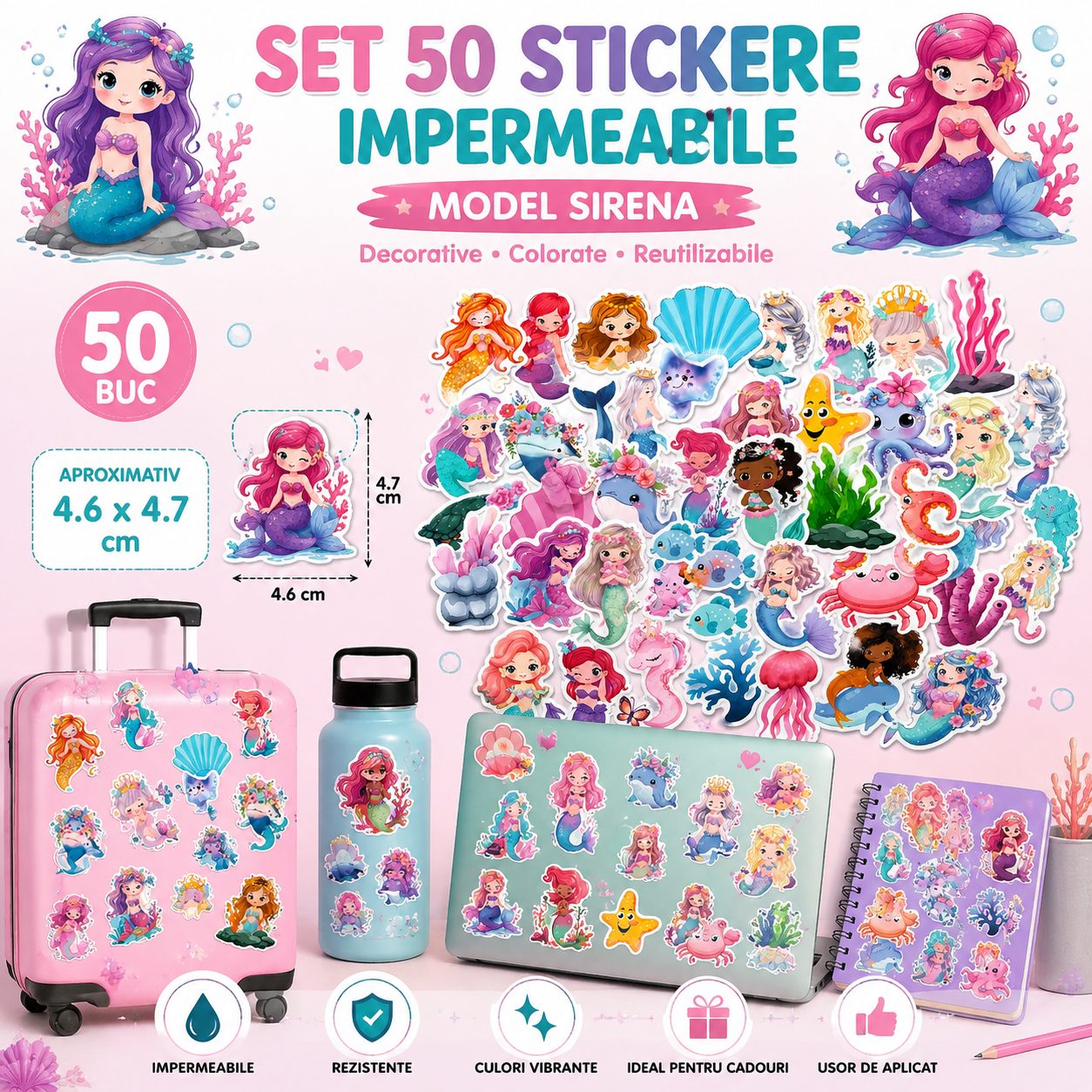 Set 50 Stickere Impermeabile, , Model Sirena, Design Cartoon, Autocolante Decorative, Aproximativ 4.6 x 4.7 cm, Multicolor 2