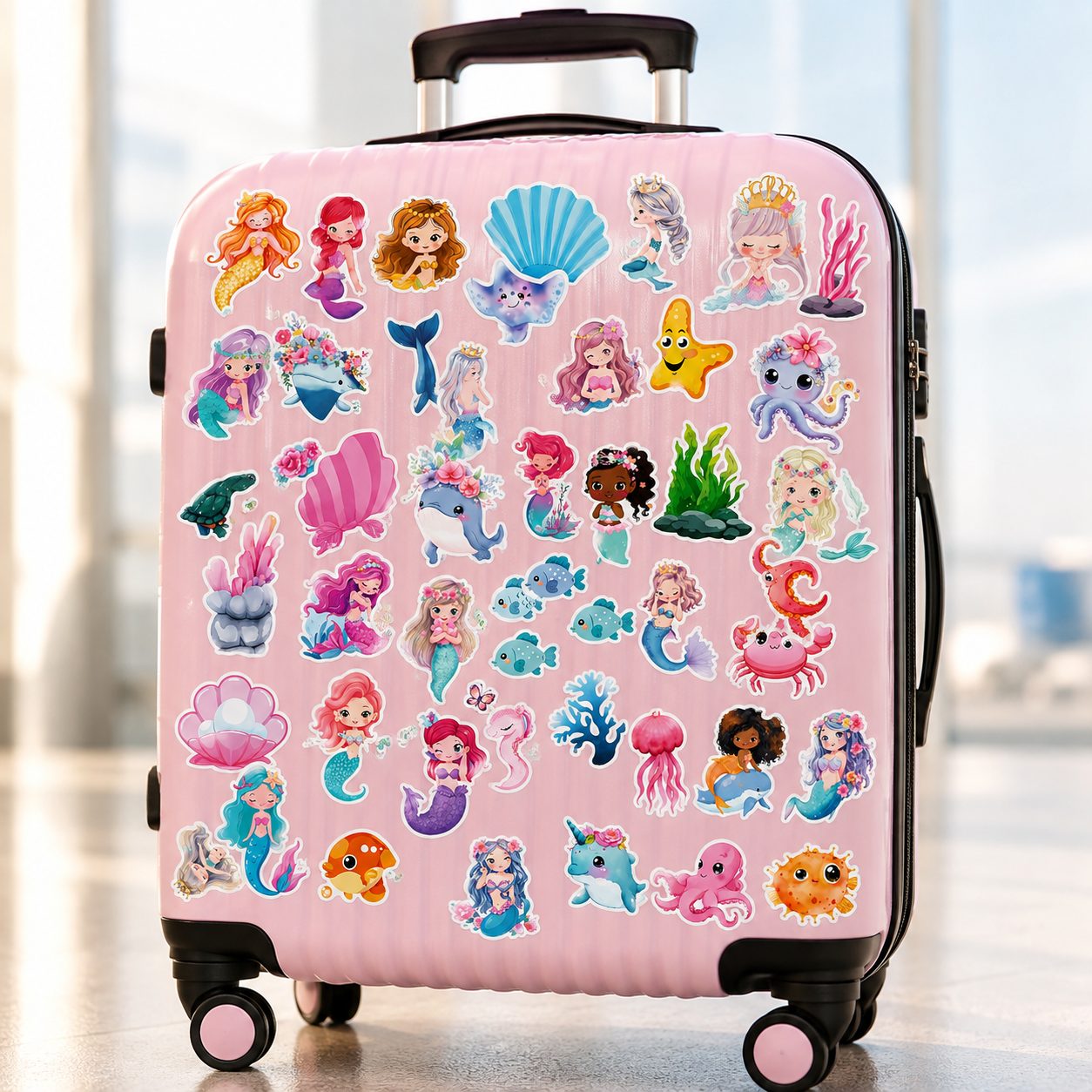 Set 50 Stickere Impermeabile, , Model Sirena, Design Cartoon, Autocolante Decorative, Aproximativ 4.6 x 4.7 cm, Multicolor 4