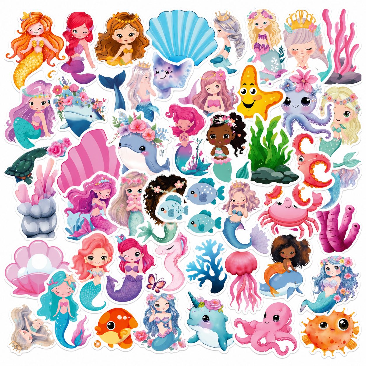 Set 50 Stickere Impermeabile, , Model Sirena, Design Cartoon, Autocolante Decorative, Aproximativ 4.6 x 4.7 cm, Multicolor 1