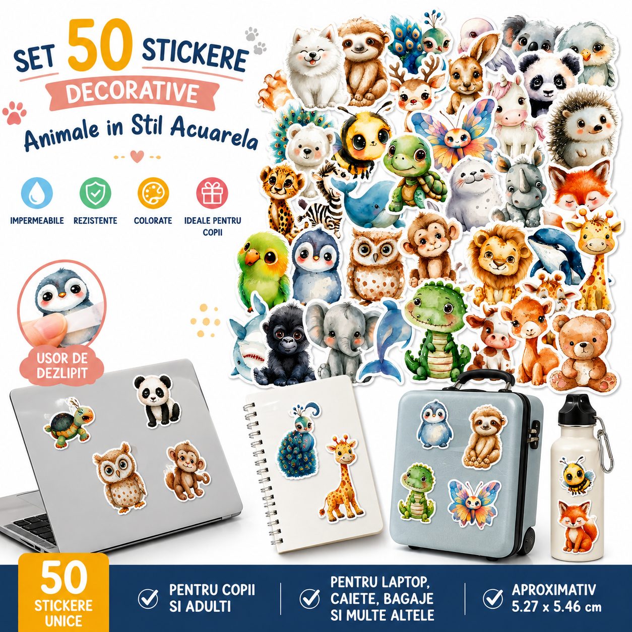 Set 50 Stickere Decorative, , Modele Animale in Stil Acuarela, Impermeabile, Aproximativ 5.27 x 5.46 cm, Multicolor 2
