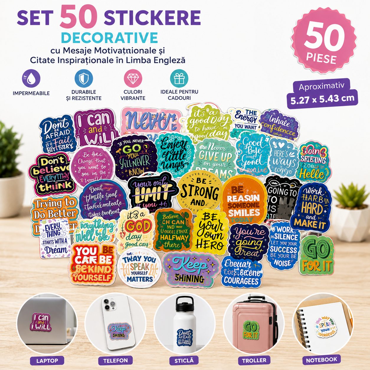 Set 50 Stickere Decorative, , cu Mesaje Motivationale si Citate Inspirationale in Limba Engleza, Impermeabile, Aproximativ 5.27 x 5.43 cm, Multicolor 2