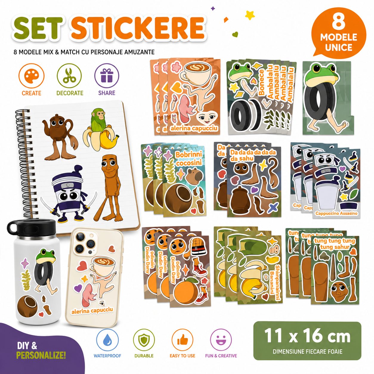 Set Stickere Decorative, , 8 Modele Mix & Match cu Personaje Amuzante, DIY, 11 x 16 cm, Multicolor 2