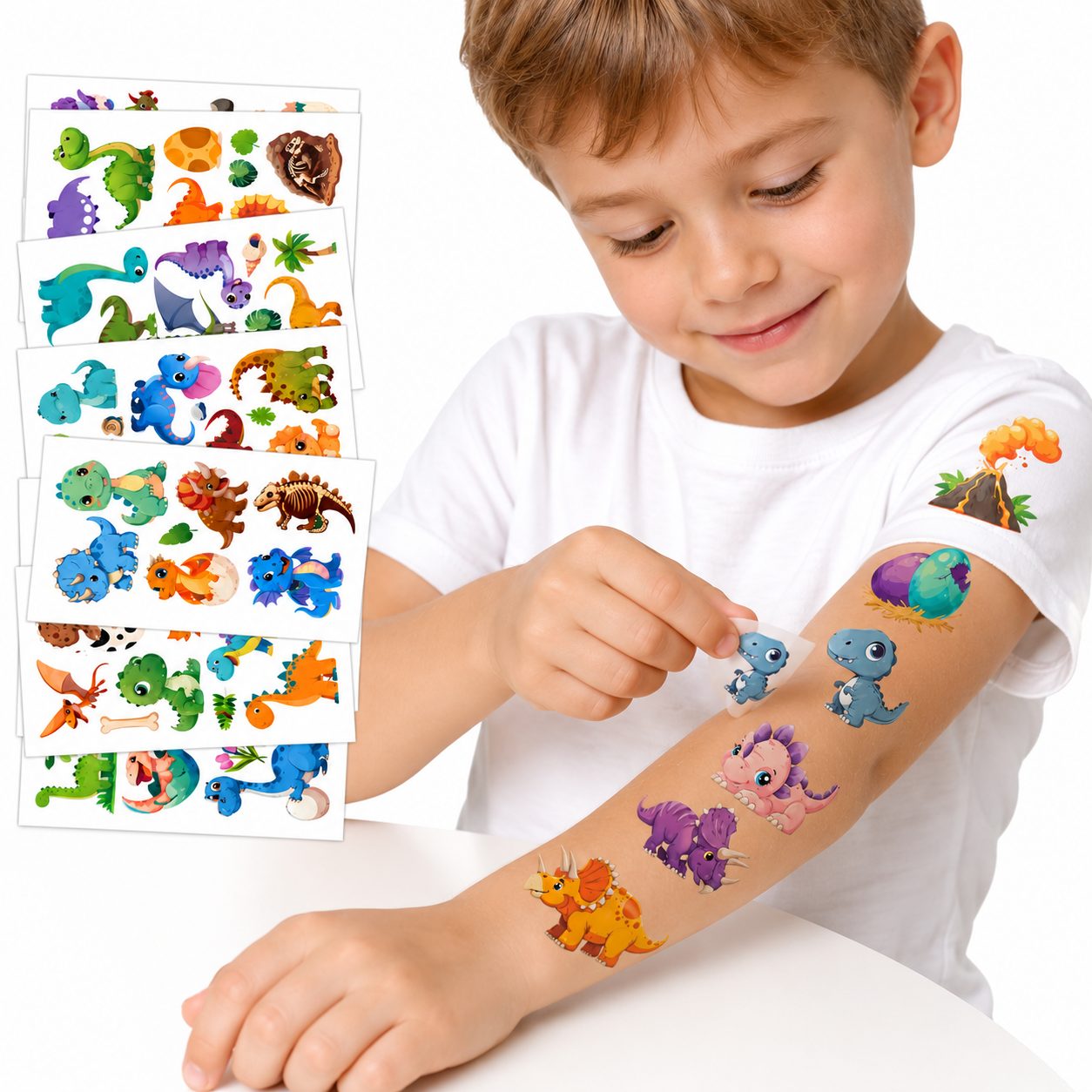 Set Tatuaje Temporare pentru Copii, , Modele Dinozauri Cartoon, Impermeabile, cu T-Rex si Animale Preistorice, Petreceri si Activitati Creative, Foaie 12.03 x 6.83 cm, Multicolor 5