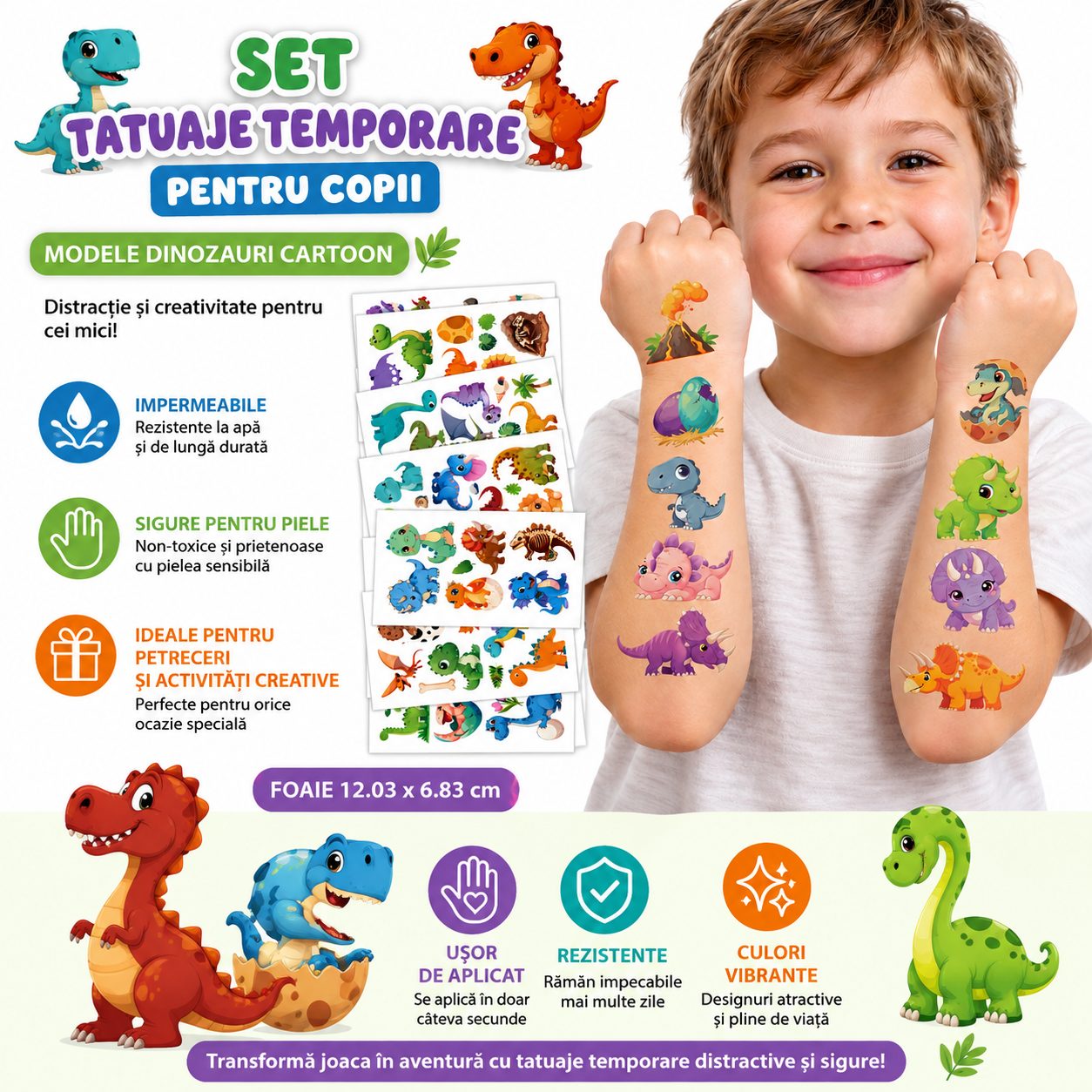 Set Tatuaje Temporare pentru Copii, , Modele Dinozauri Cartoon, Impermeabile, cu T-Rex si Animale Preistorice, Petreceri si Activitati Creative, Foaie 12.03 x 6.83 cm, Multicolor 2