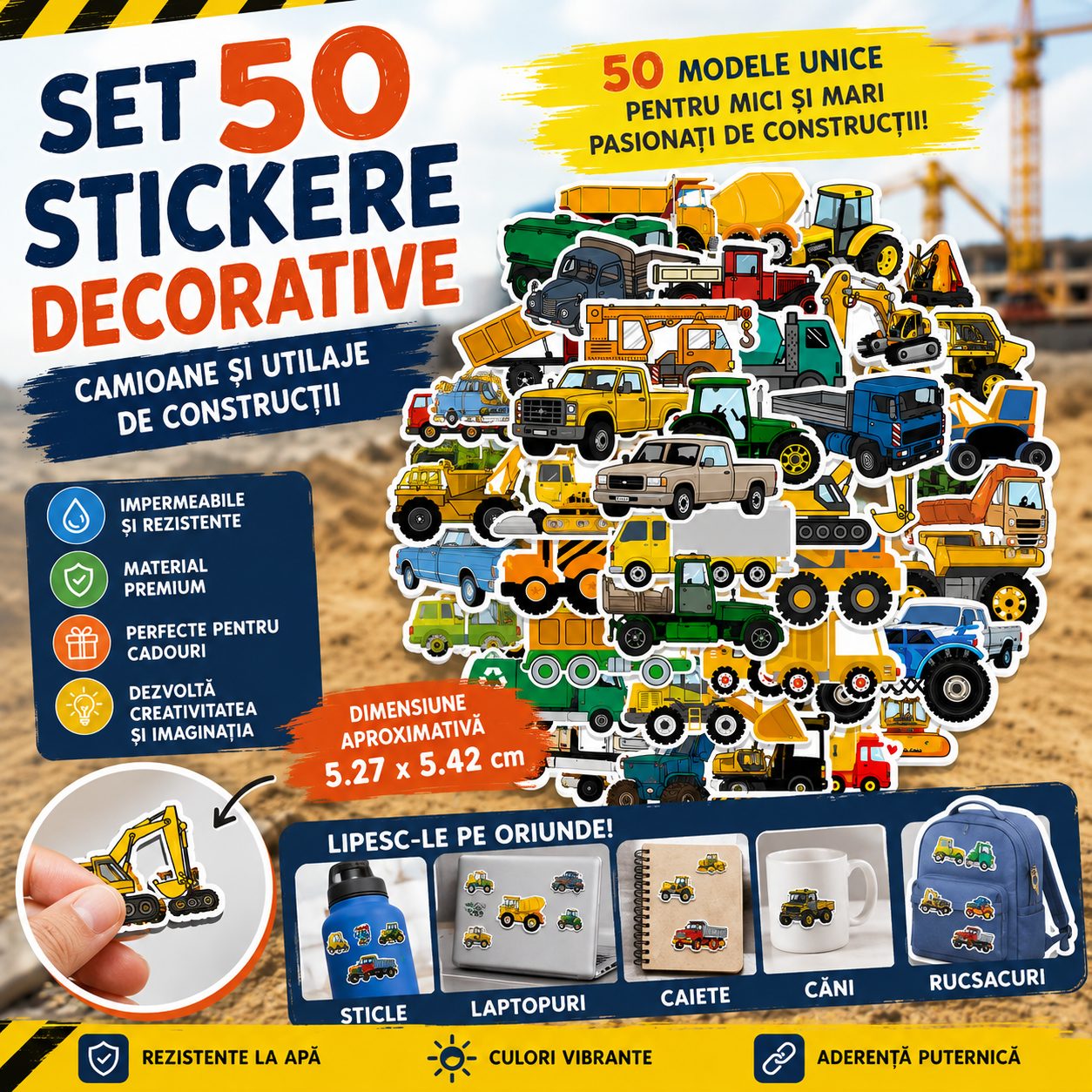 Set 50 Stickere Decorative, , Modele Camioane si Utilaje de Constructii, Impermeabile, Aproximativ 5.27 x 5.42 cm, Multicolor 3
