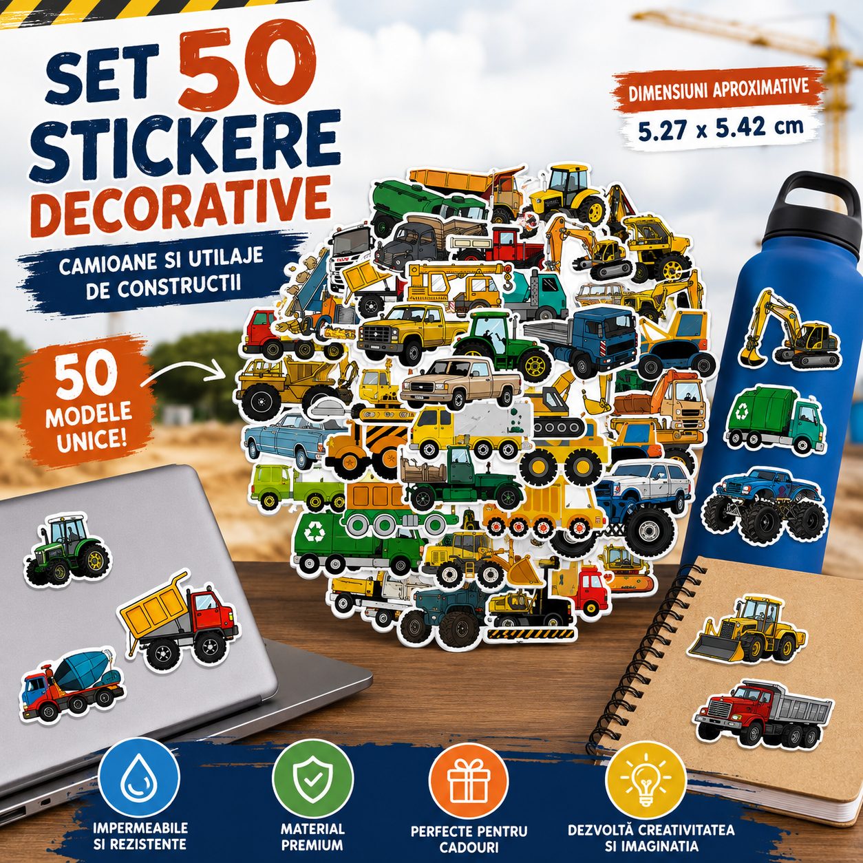 Set 50 Stickere Decorative, , Modele Camioane si Utilaje de Constructii, Impermeabile, Aproximativ 5.27 x 5.42 cm, Multicolor 2