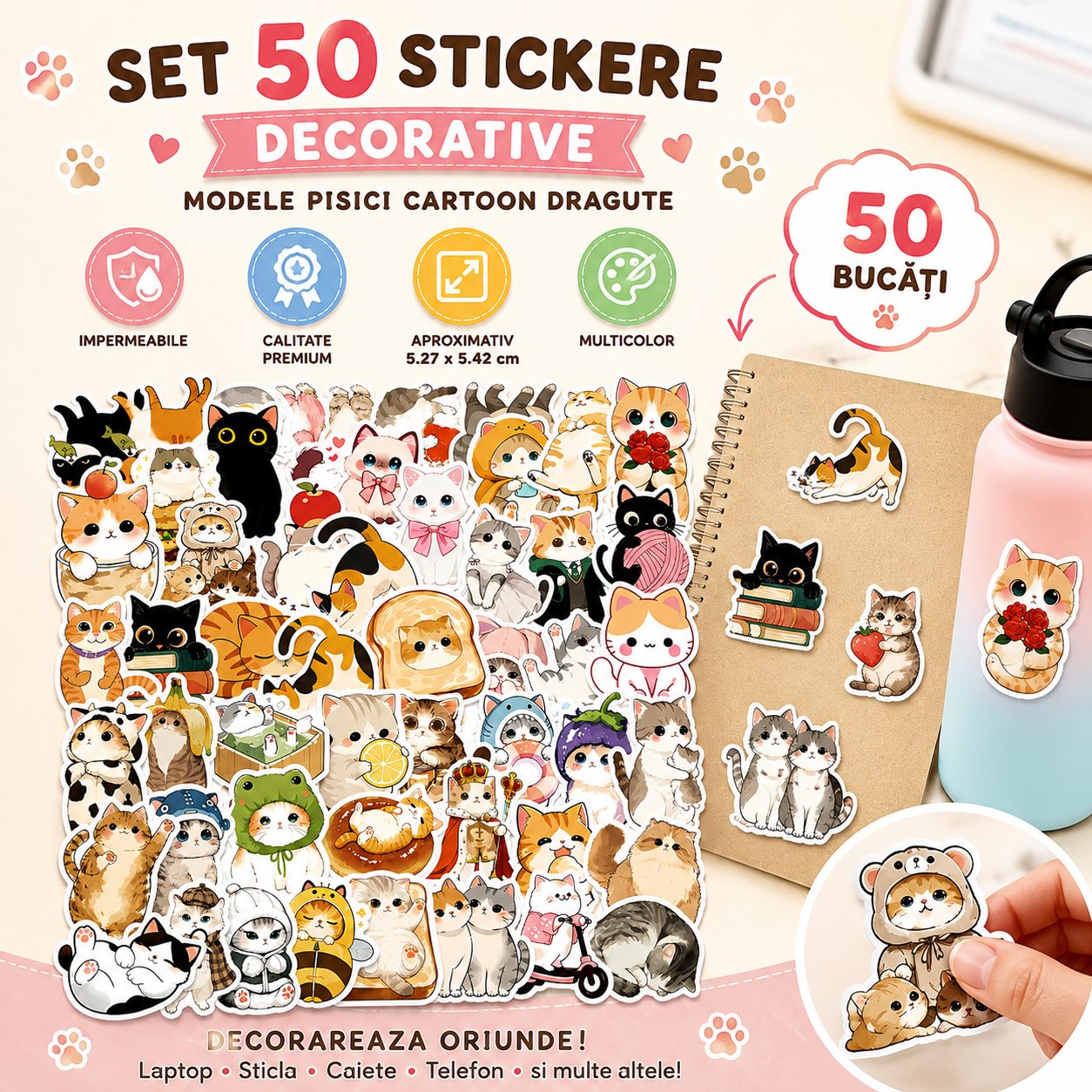 Set 50 Stickere Decorative, , Modele Pisici Cartoon Dragute, Impermeabile, Aproximativ 5.27 x 5.42 cm, Multicolor 2