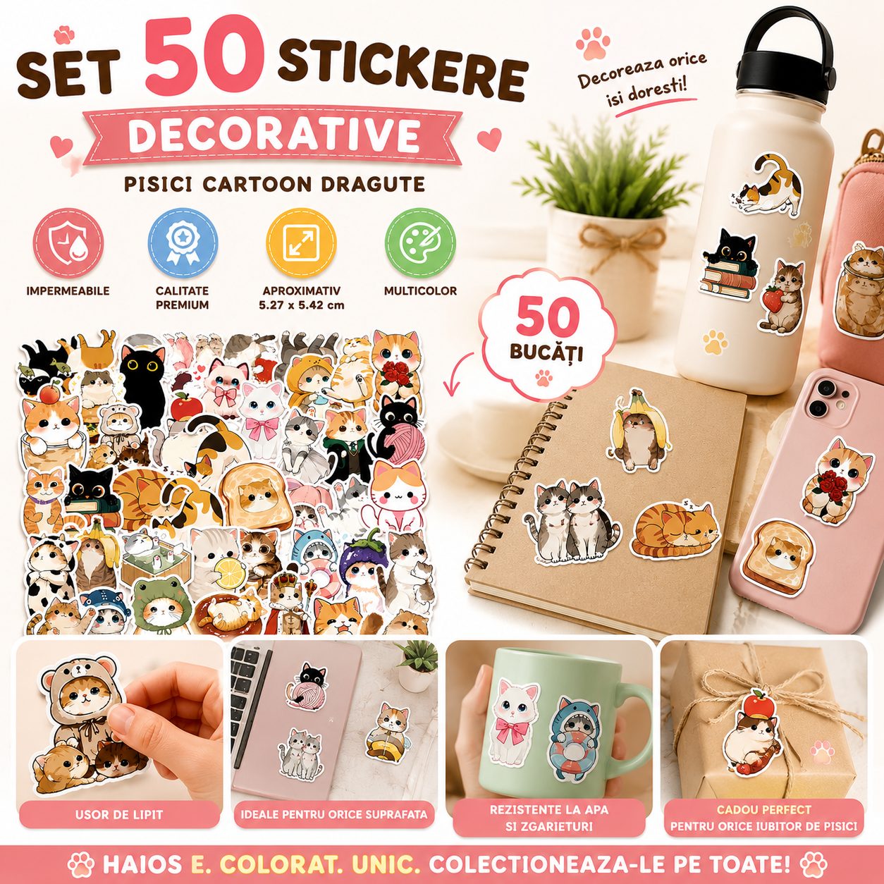 Set 50 Stickere Decorative, , Modele Pisici Cartoon Dragute, Impermeabile, Aproximativ 5.27 x 5.42 cm, Multicolor 3