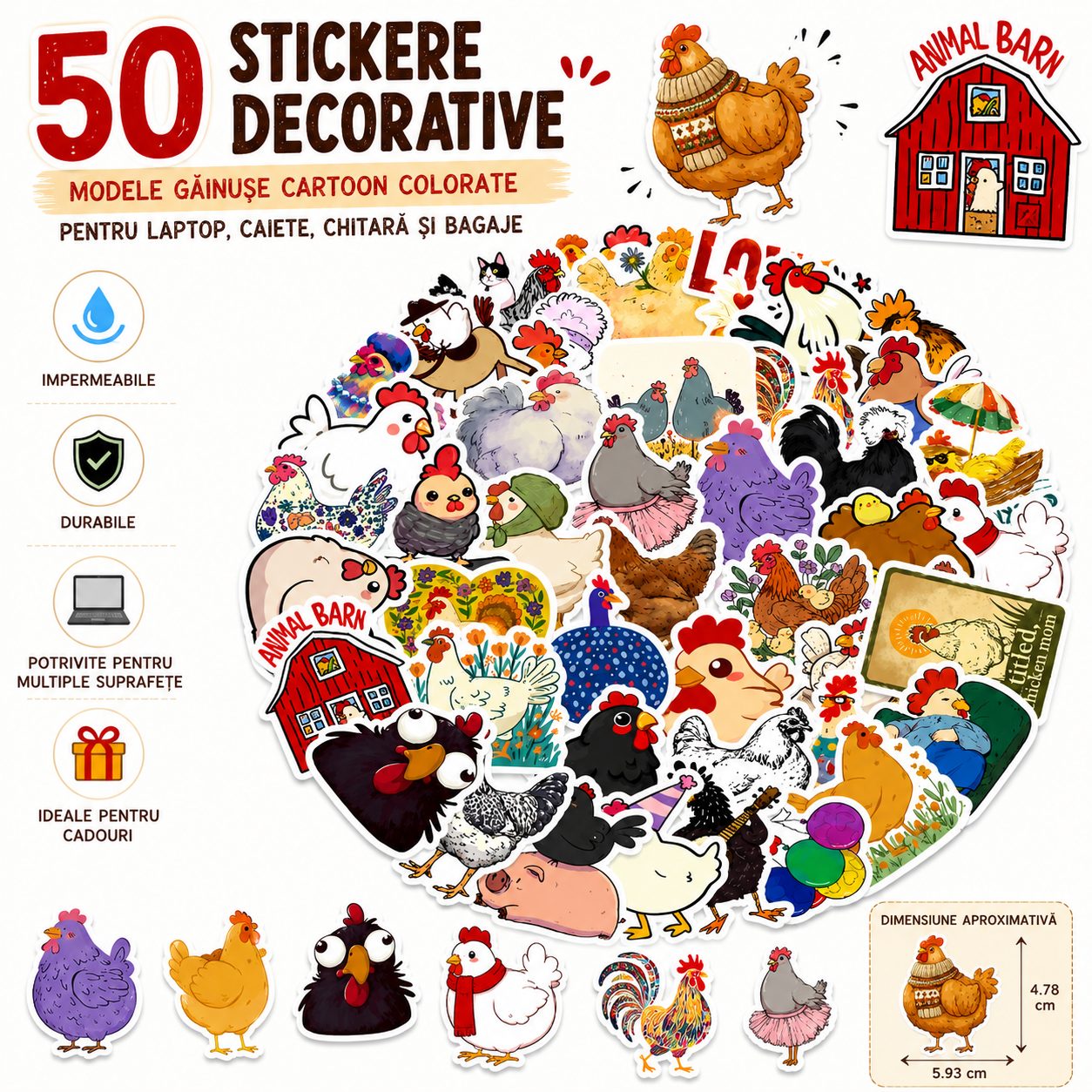 Set 50 Stickere Decorative, , Modele Gainuse Cartoon Colorate, Impermeabile, Aproximativ 5.93 x 4.78 cm, Multicolor 2