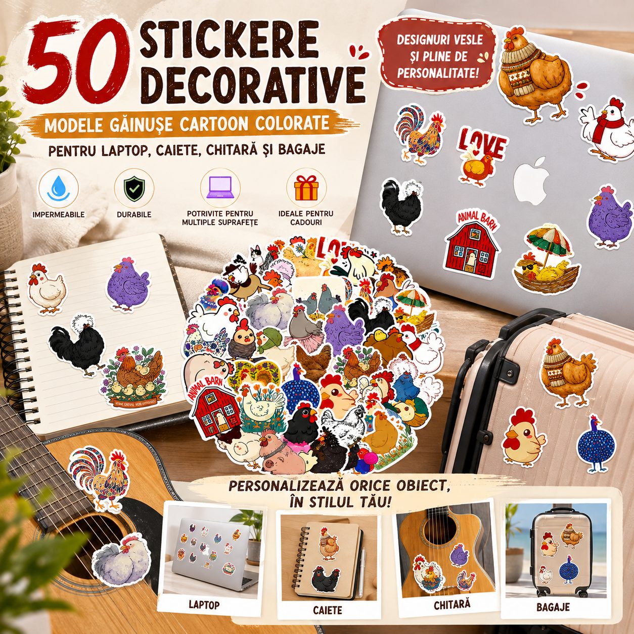 Set 50 Stickere Decorative, , Modele Gainuse Cartoon Colorate, Impermeabile, Aproximativ 5.93 x 4.78 cm, Multicolor 3