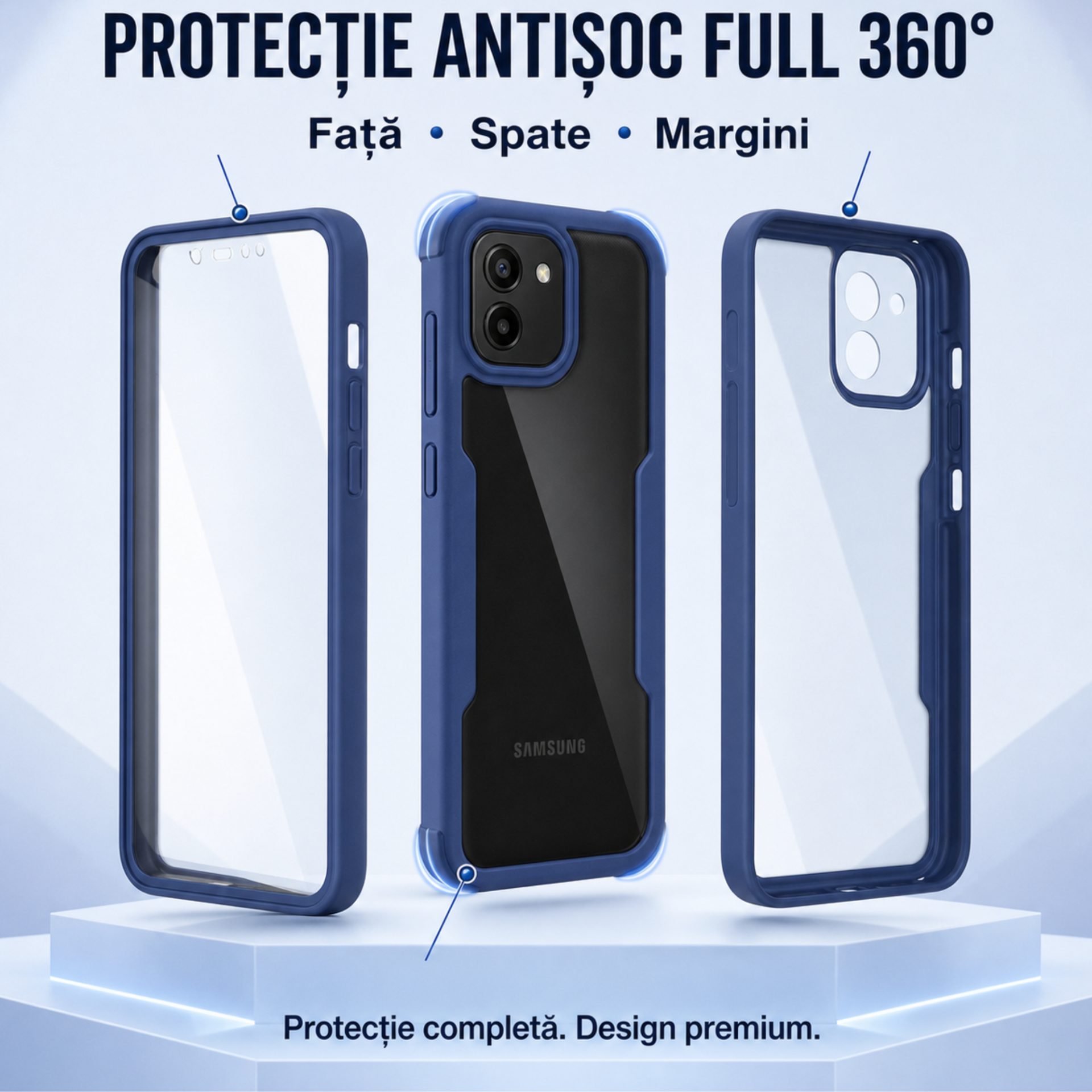 Detaliu bumper albastru și panou transparent Galaxy A03