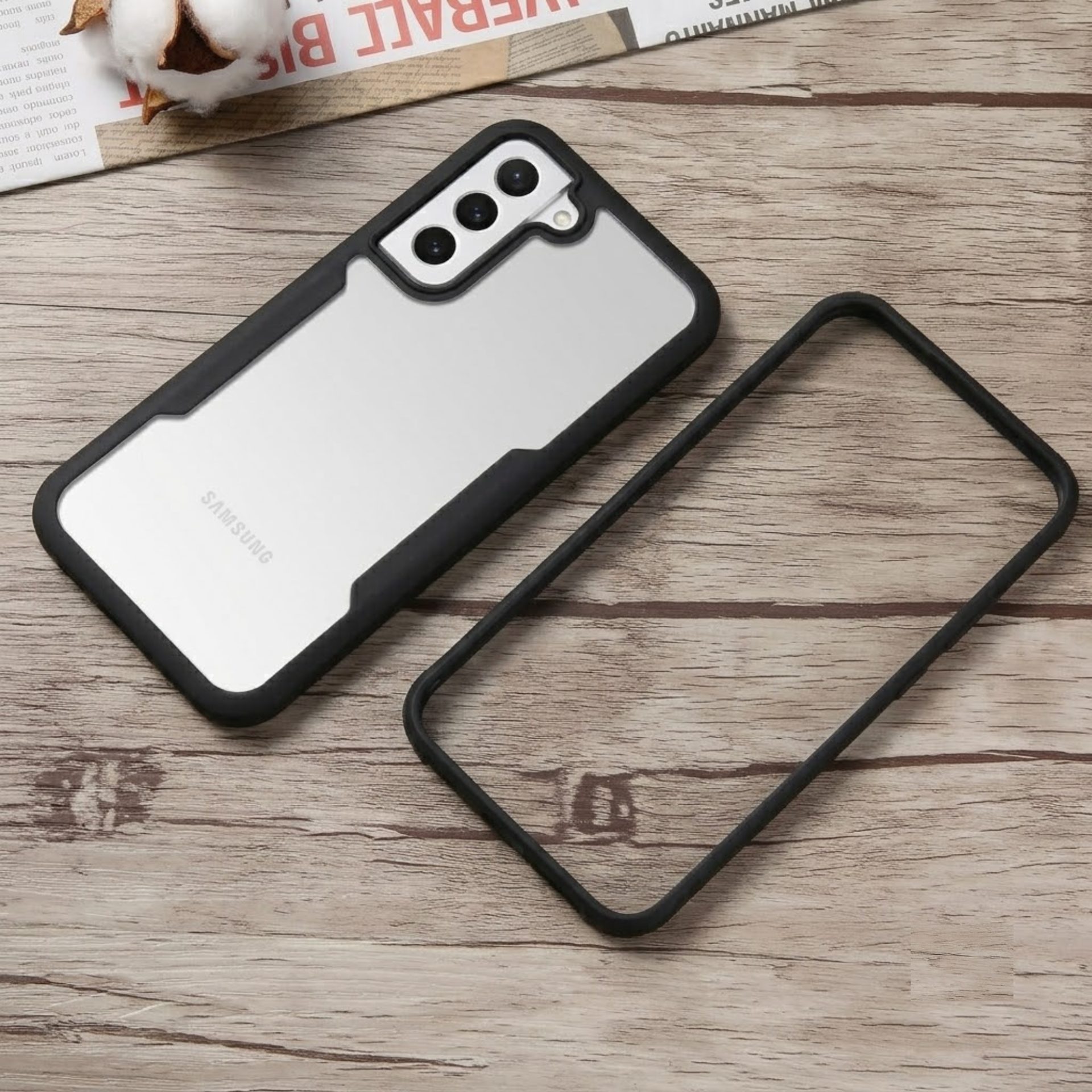 Husa Max Defence pentru Samsung Galaxy S22, Bumper Negru, Fata Dubla Transparenta, Protectie Antisoc Full 360 ( fata, spate, margini ), Flippy