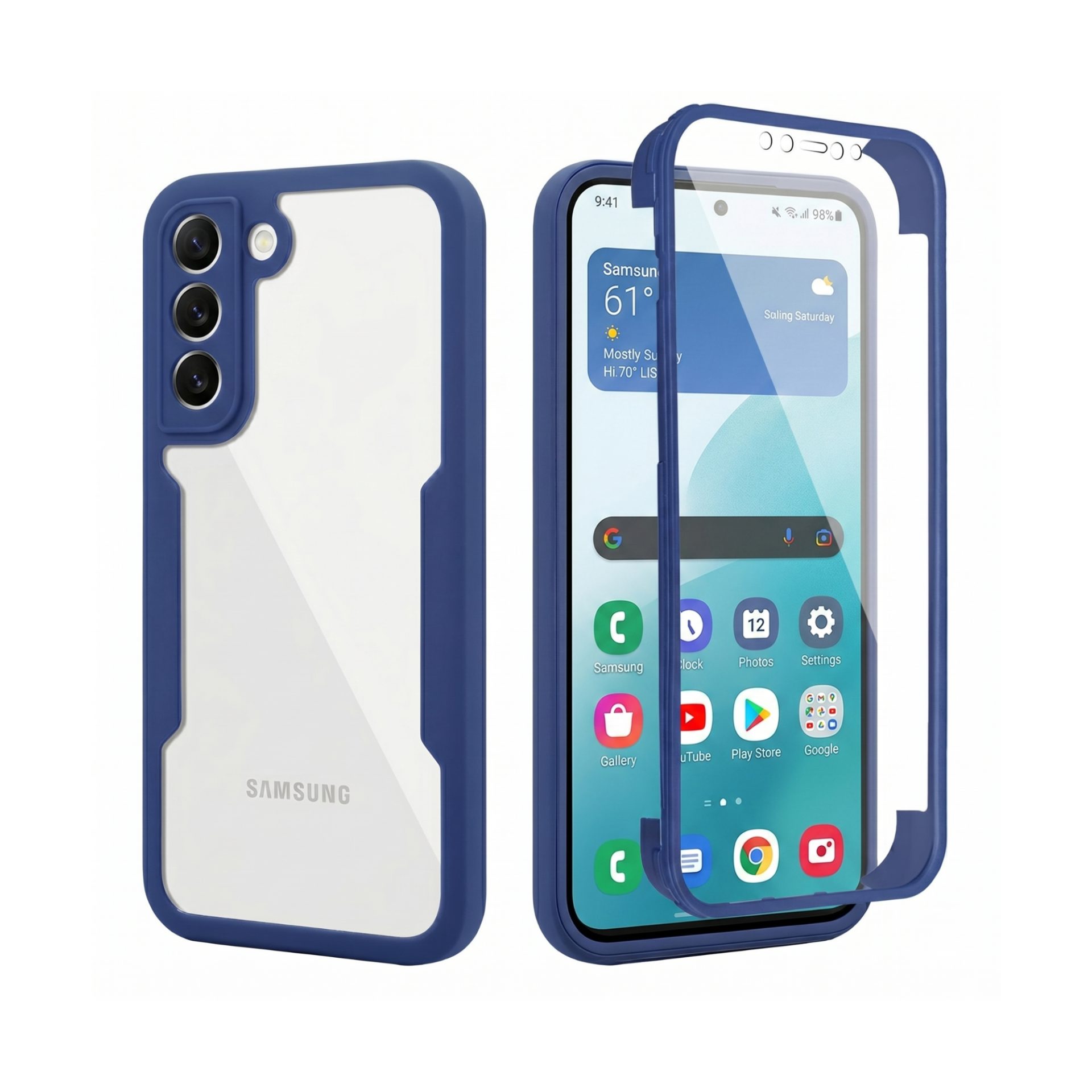 Husa Max Defence pentru Samsung Galaxy S22, Bumper Albastru, Fata Dubla Transparenta, Protectie Antisoc Full 360 ( fata, spate, margini ), Flippy