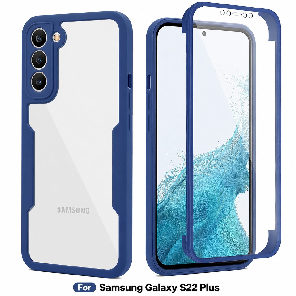 Husa Max Defence pentru Samsung Galaxy S22 Plus, Bumper Albastru, Fata Dubla Transparenta, Protectie Antisoc Full 360 ( fata, spate, margini ), Flippy