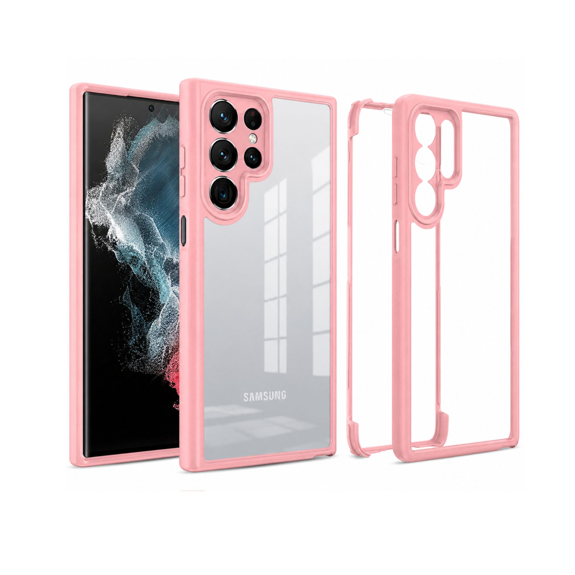 Husa Max Defence pentru Samsung Galaxy S22 Ultra, Bumper Roz, Fata Dubla Transparenta, Protectie Antisoc Full 360 ( fata, spate, margini ), Flippy