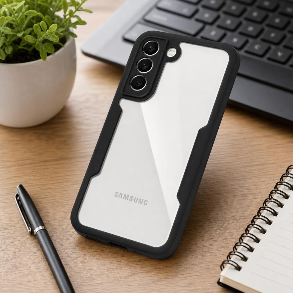 Husa Max Defence pentru Samsung Galaxy S22, Bumper Negru, Fata Dubla Transparenta, Protectie Antisoc Full 360 ( fata, spate, margini ), Flippy