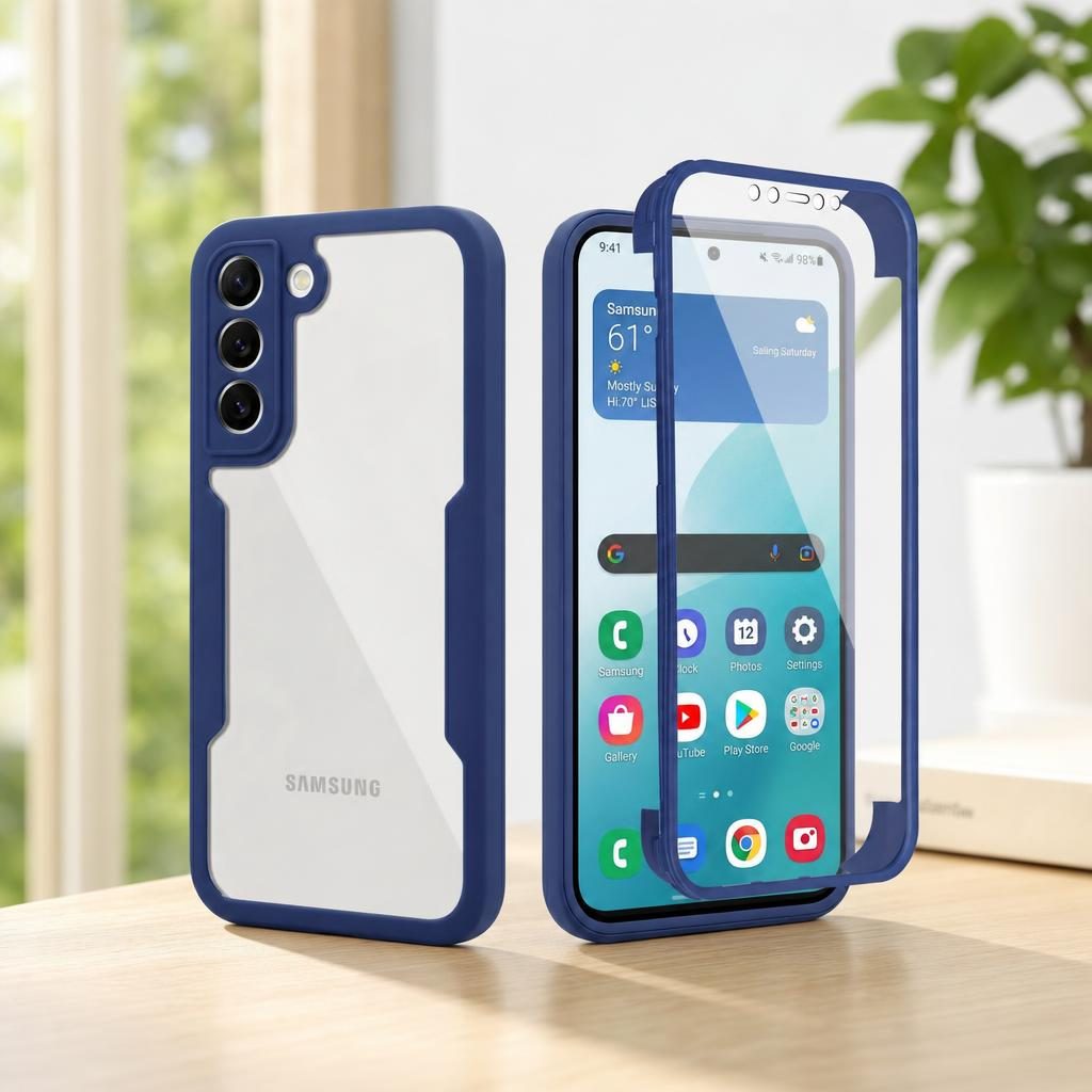 Husa Max Defence pentru Samsung Galaxy S22, Bumper Albastru, Fata Dubla Transparenta, Protectie Antisoc Full 360 ( fata, spate, margini ), Flippy