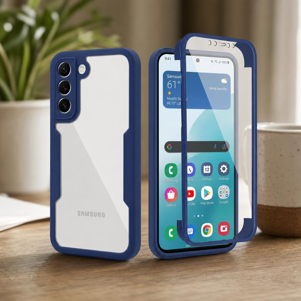Husa Max Defence pentru Samsung Galaxy S22, Bumper Albastru, Fata Dubla Transparenta, Protectie Antisoc Full 360 ( fata, spate, margini ), Flippy