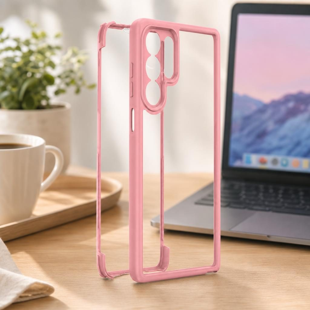 Husa Max Defence pentru Samsung Galaxy S22 Ultra, Bumper Roz, Fata Dubla Transparenta, Protectie Antisoc Full 360 ( fata, spate, margini ), Flippy