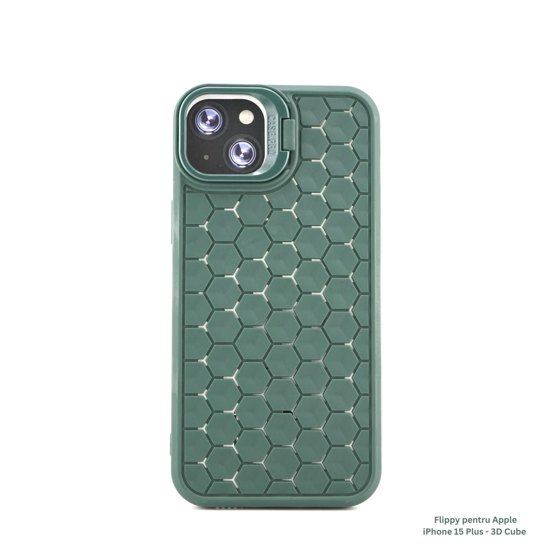 Husa de Protectie TPU, Flippy, pentru Apple iPhone 15 Plus, 3D Cube, cu Inel, Protectie Camera, Antisoc, Antizgariere, Antialunecare, Acoperire Completa, Verde