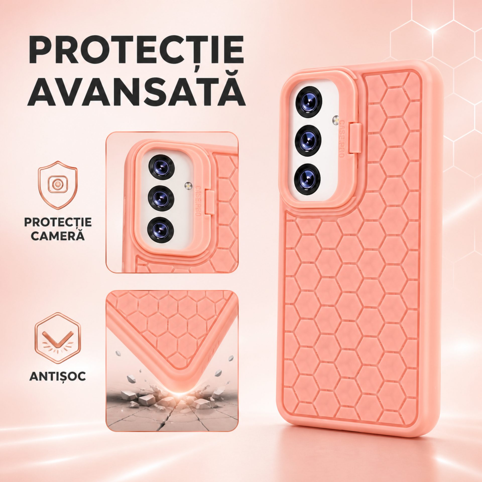 Detaliu design hexagonal și protecție cameră