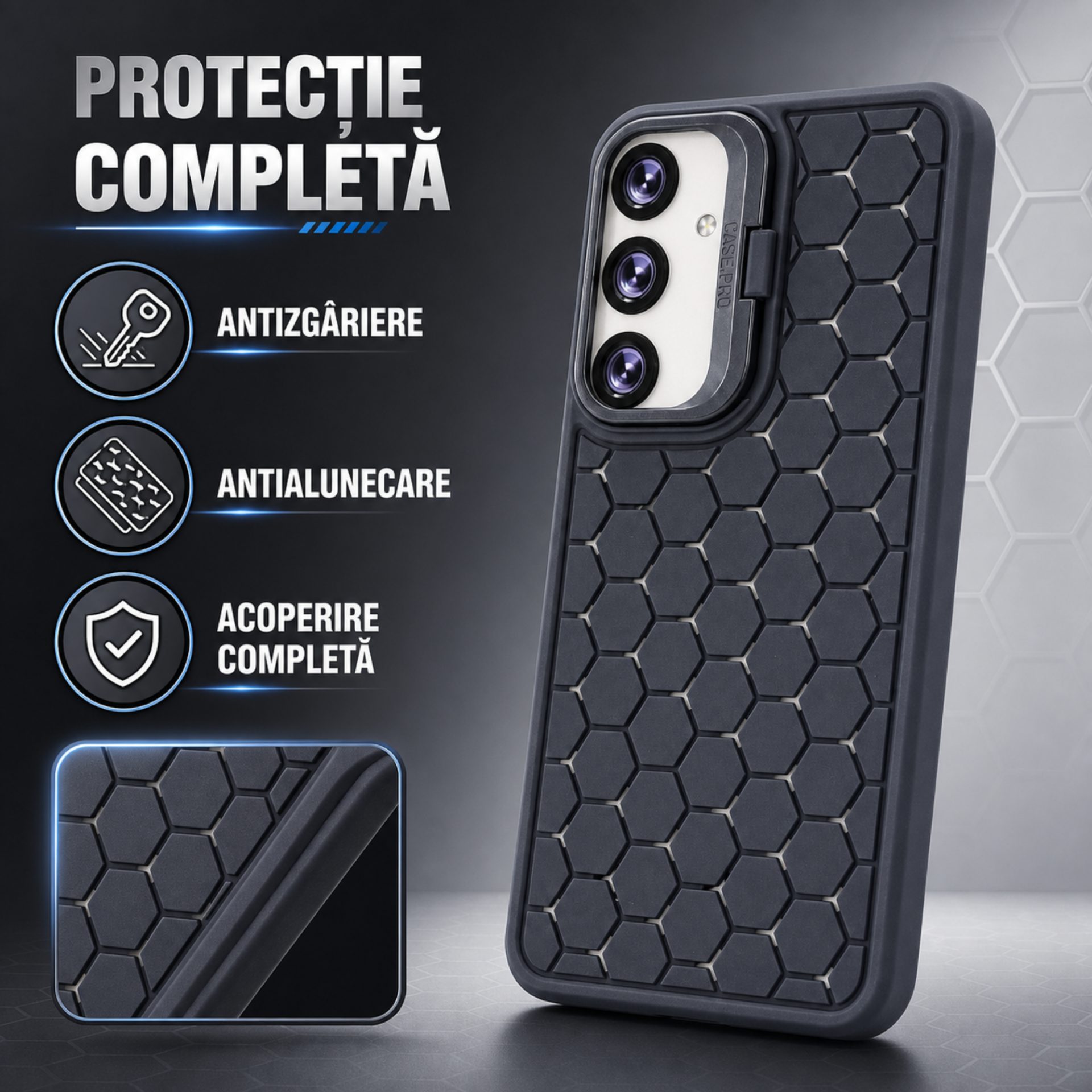 Detaliu design hexagonal și capac cameră Galaxy S24 Plus