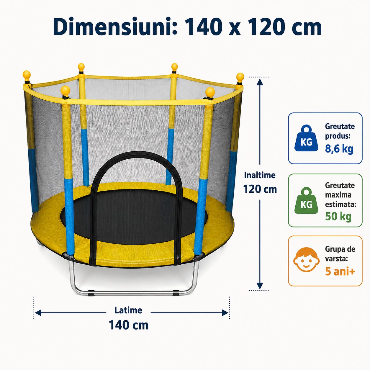 Trambulina pentru Copii DNT-117, , Dimensiuni 140 x 120 cm, Cadru pentru Sarituri si Joaca, Greutate 8.6 kg, Galben 2
