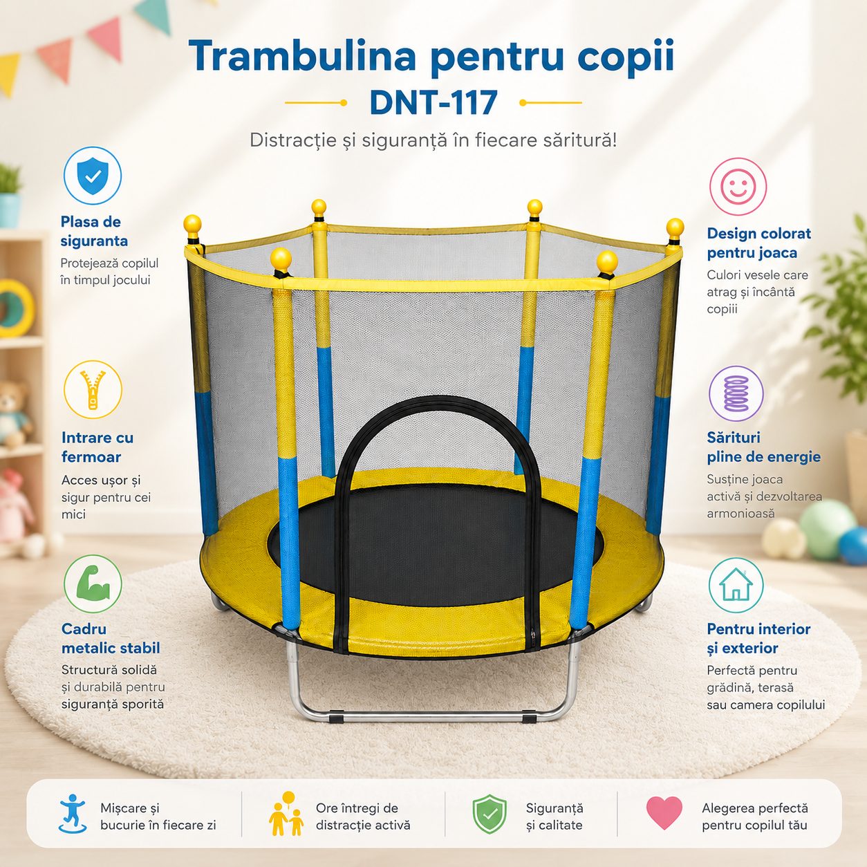 Trambulina pentru Copii DNT-117, , Dimensiuni 140 x 120 cm, Cadru pentru Sarituri si Joaca, Greutate 8.6 kg, Galben 3
