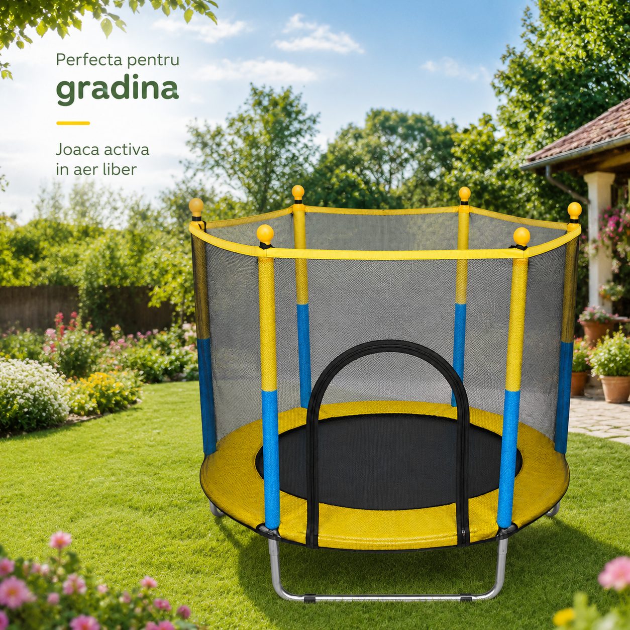 Trambulina pentru Copii DNT-117, , Dimensiuni 140 x 120 cm, Cadru pentru Sarituri si Joaca, Greutate 8.6 kg, Galben 5