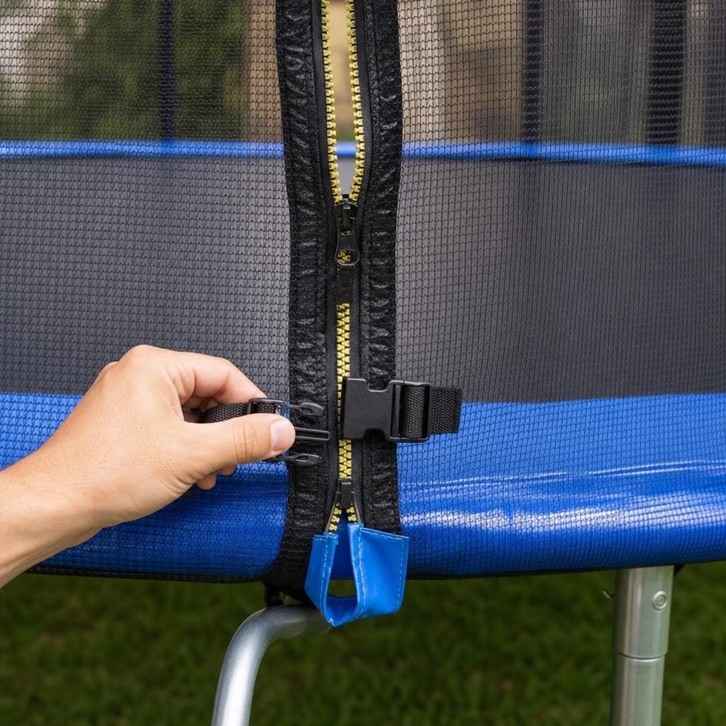 Trambulina de Exterior pentru Copii si Adulti, , Diametru 244 cm, Plasa de Siguranta, Scara Inclusa, Cadru Metalic, Albastru si Negru 4