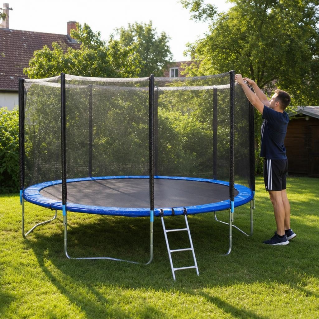 Trambulina de Exterior pentru Copii si Adulti, , Diametru 366 cm, Plasa de Siguranta, Scara Inclusa, Cadru Metalic, Albastru si Negru 5