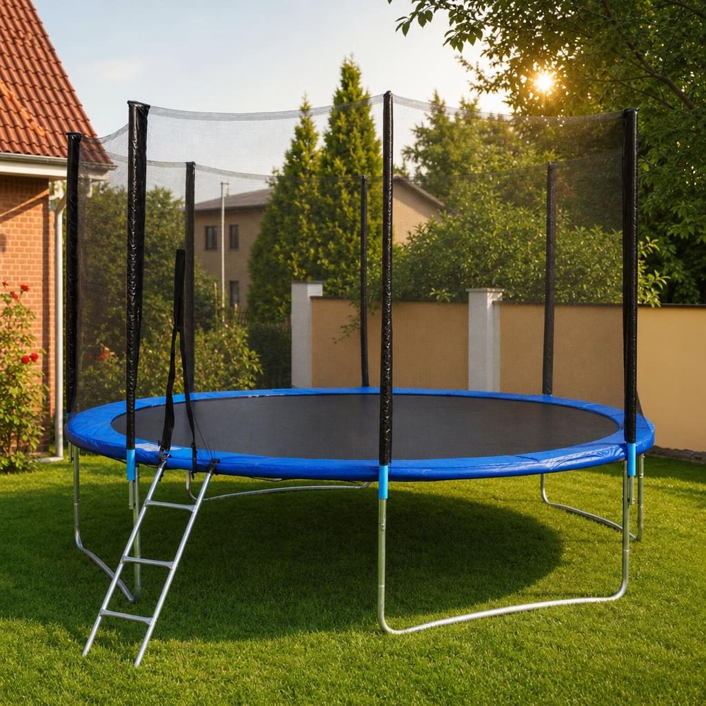 Trambulina de Exterior pentru Copii si Adulti, Flippy, Diametru 488 cm, Plasa de Siguranta, Scara Inclusa, Cadru Metalic, Albastru si Negru