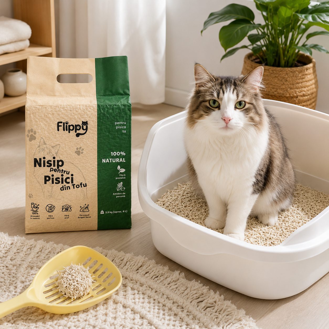 Nisip pentru Pisici din Tofu, , 100% Natural, Fara Parfum si Fara Praf, Aruncabil in Toaleta, Formeaza Bulgari Fermi, 2.5 kg, 6 L, Verde 5