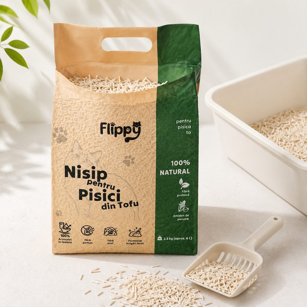 Nisip pentru Pisici din Tofu, , 100% Natural, Fara Parfum si Fara Praf, Aruncabil in Toaleta, Formeaza Bulgari Fermi, 2.5 kg, 6 L, Verde 2