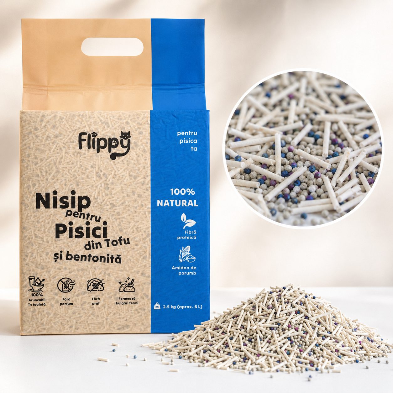 Nisip pentru Pisici din Tofu si Bentonita, , 100% Natural, Fara Parfum si Fara Praf, Aruncabil in Toaleta, Formeaza Bulgari Fermi, 2.5 kg, 6 L, Albastru 5