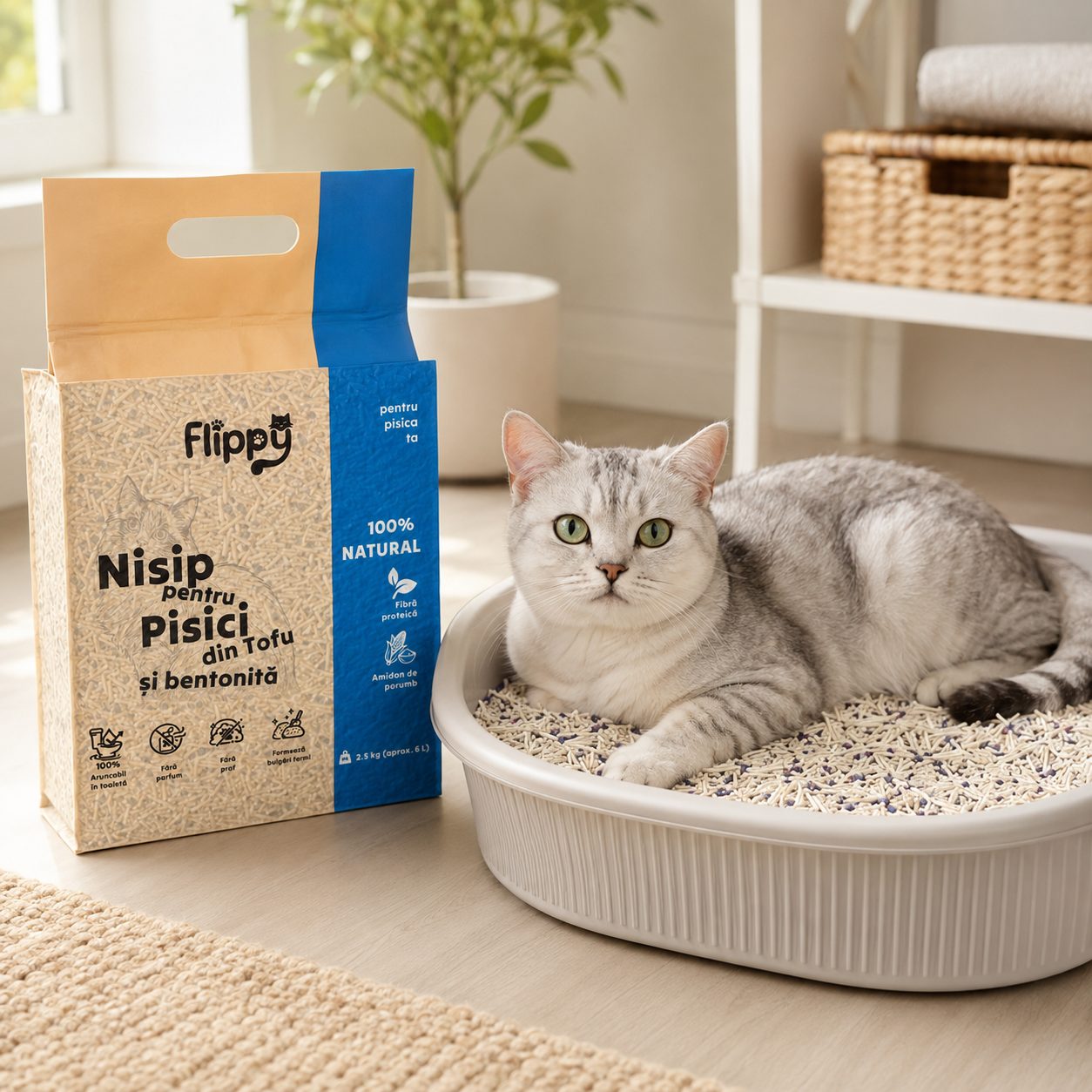 Nisip pentru Pisici din Tofu si Bentonita, , 100% Natural, Fara Parfum si Fara Praf, Aruncabil in Toaleta, Formeaza Bulgari Fermi, 2.5 kg, 6 L, Albastru 2