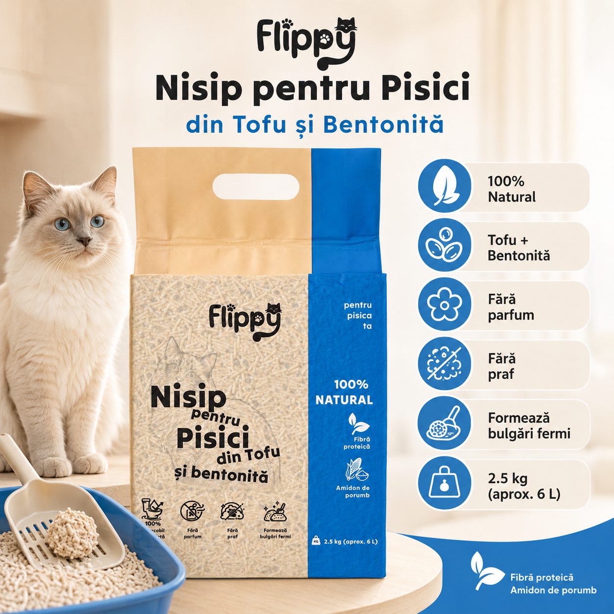 Nisip pentru Pisici din Tofu si Bentonita, , 100% Natural, Fara Parfum si Fara Praf, Aruncabil in Toaleta, Formeaza Bulgari Fermi, 2.5 kg, 6 L, Albastru 4