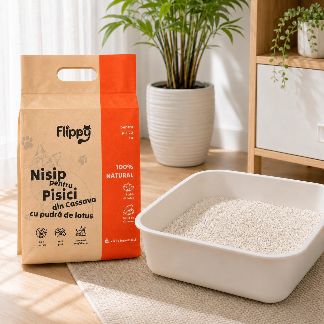 Nisip pentru Pisici din Cassava cu Pudra de Lotus, , 100% Natural, Fara Parfum si Fara Praf, Formeaza Bulgari Fermi, 2.5 kg, 6 L, Portocaliu 3