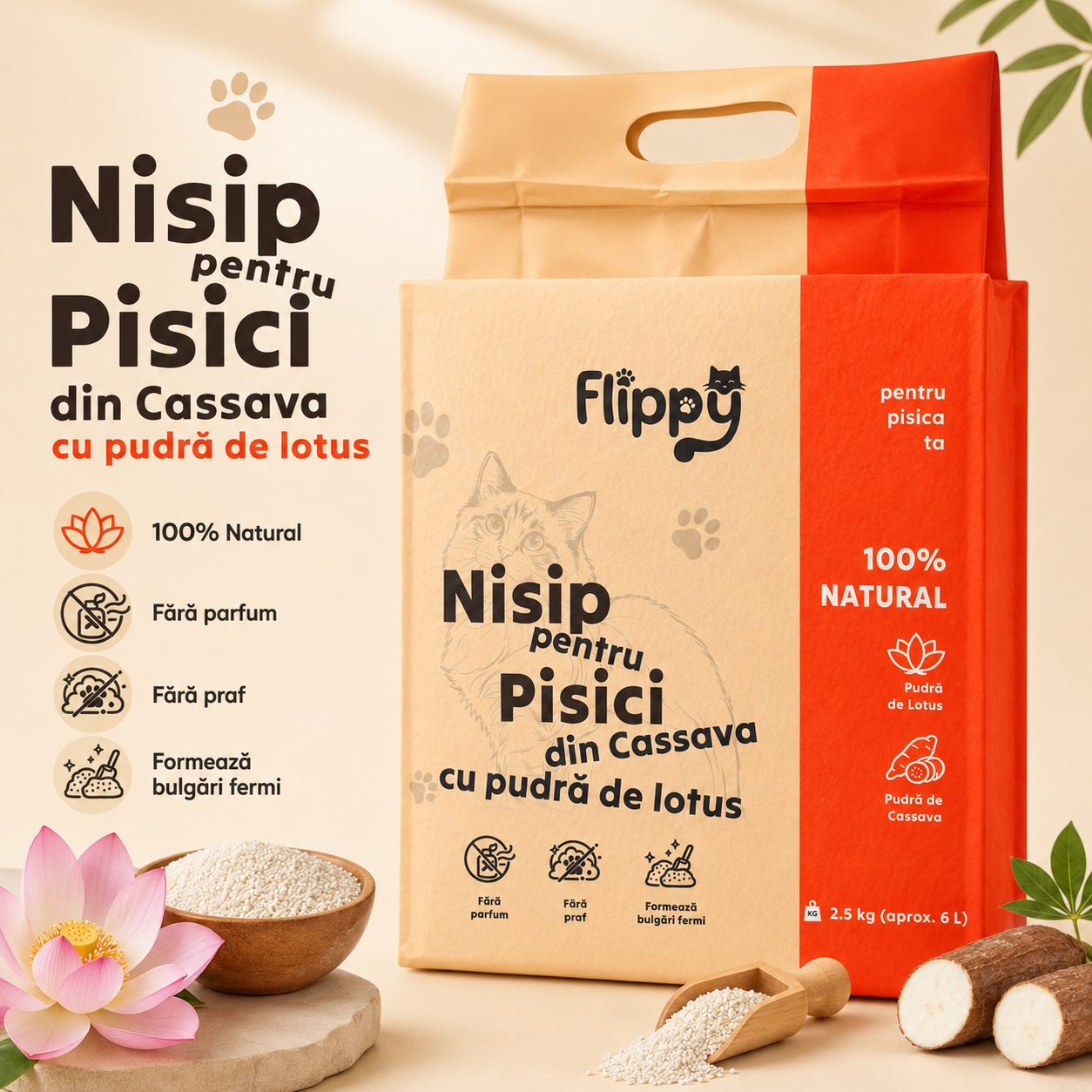 Nisip pentru Pisici din Cassava cu Pudra de Lotus, , 100% Natural, Fara Parfum si Fara Praf, Formeaza Bulgari Fermi, 2.5 kg, 6 L, Portocaliu 5