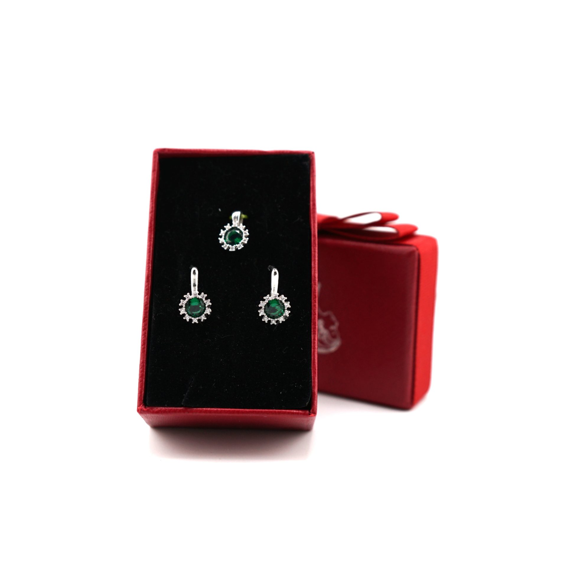 Set Bijuterii din Argint 925, Jolie Silver, Pandantiv si Cercei cu Inchidere Clasica, Model Bumb, Zirconii Verzi si Contur cu Pietre Stralucitoare, Greutate 4.82 g, Argintiu 4