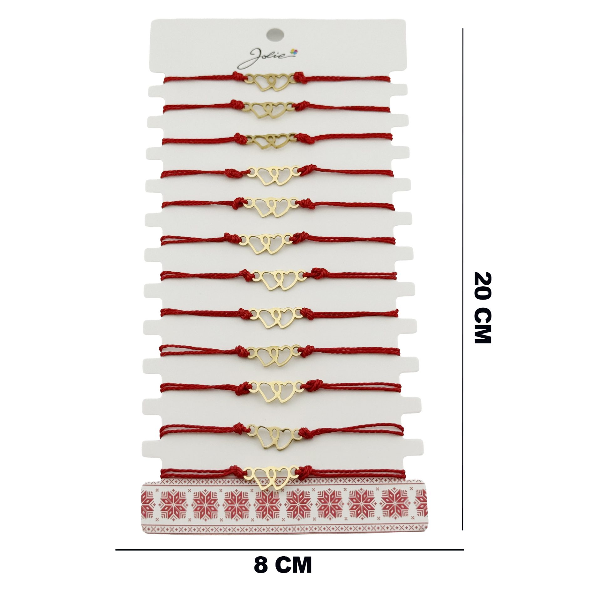 Bratara Martisor pentru Dama, Jolie, Model Inima, Set 12 bucati, Pandativ din Inox Auriu, Snur Ajustabil Impletit, Rosu 2