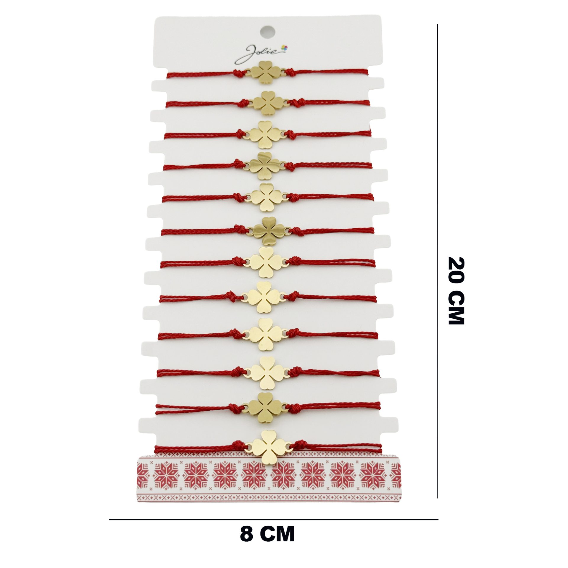 Bratara Martisor pentru Dama, Jolie, Model Trifoi, Set 12 bucati, Pandativ din Inox Auriu, Snur Ajustabil Impletit, Rosu 2
