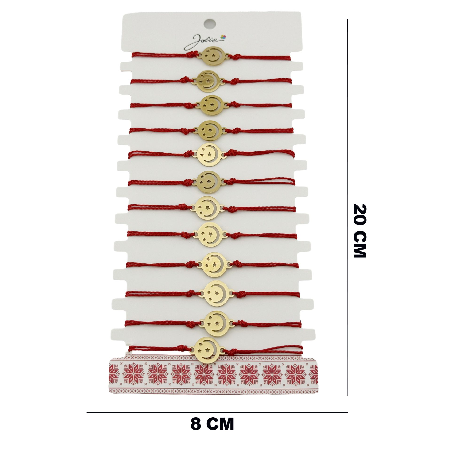 Bratara Martisor pentru Dama, Jolie, Model Luna cu Stele, Set 12 bucati, Pandativ din Inox Auriu, Snur Ajustabil Impletit, Rosu 2